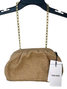Reiss Georgia Ruched Raffia Eff Beige Handbag Gold Chain Natural MRSP$175 NWT
